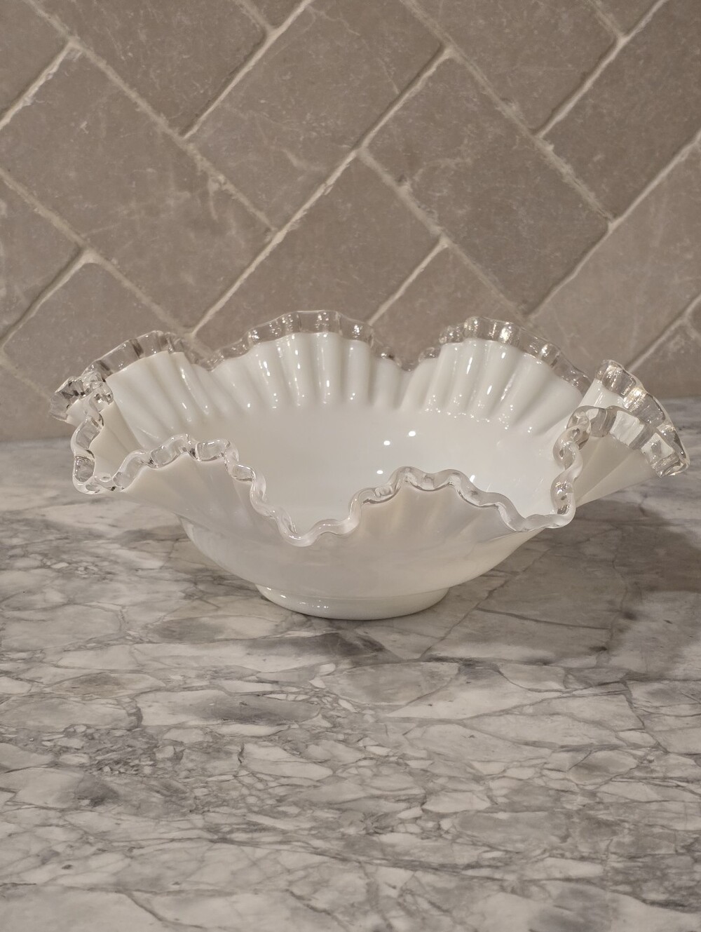 Antique 11" Fenton Silver Crest Milkglass Crystal Art Glass Bowl Cottage Core